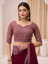 Wine party wear satin silk saree with resham detailing