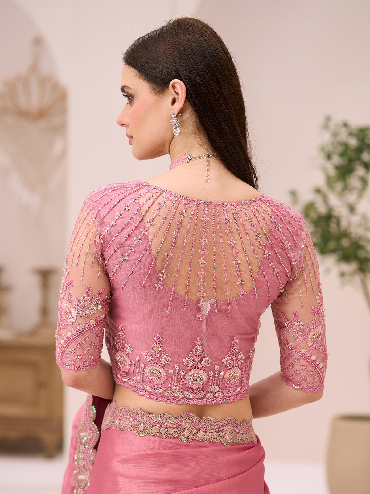 Onion pink festive wear satin saree