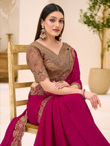 Maroon satin georgette saree for party celebration