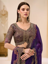 Purple satin chiffon saree with embellished border