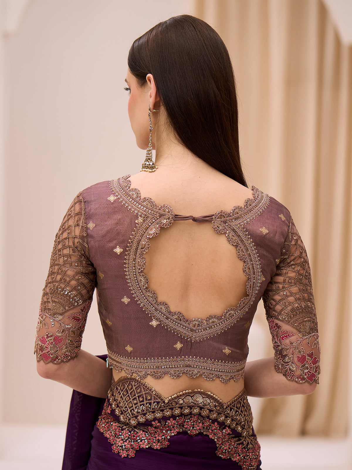Purple satin chiffon saree with embellished border