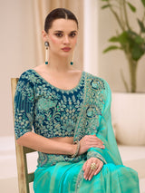 Firozi blue festive wear georgette tissue saree
