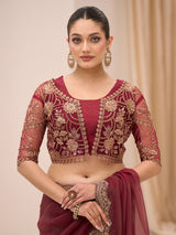 Maroon georgette saree with resham and sequins detailing