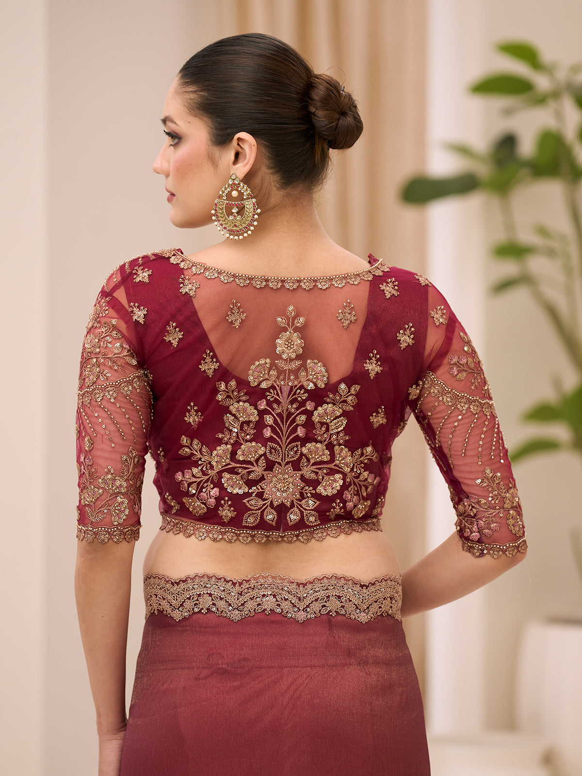 Maroon georgette saree with resham and sequins detailing