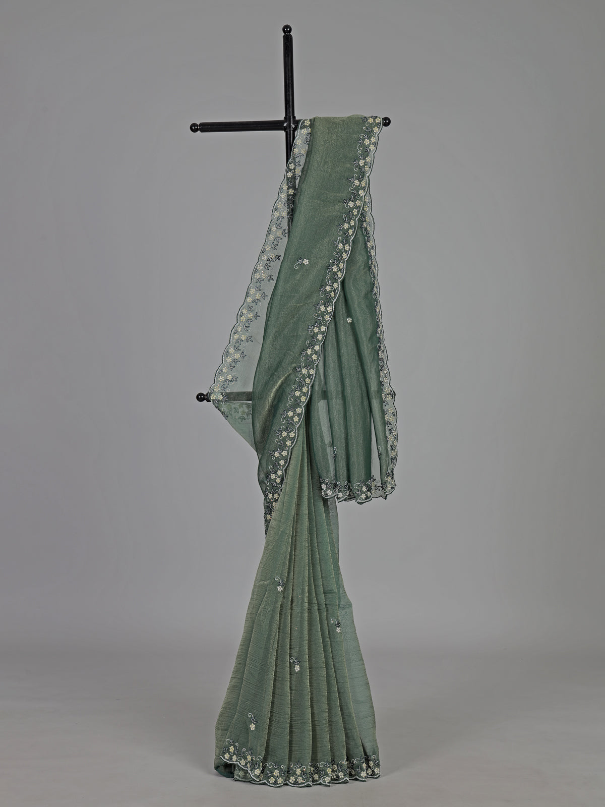 Mehendi green chiffon zardosi embellished festive saree