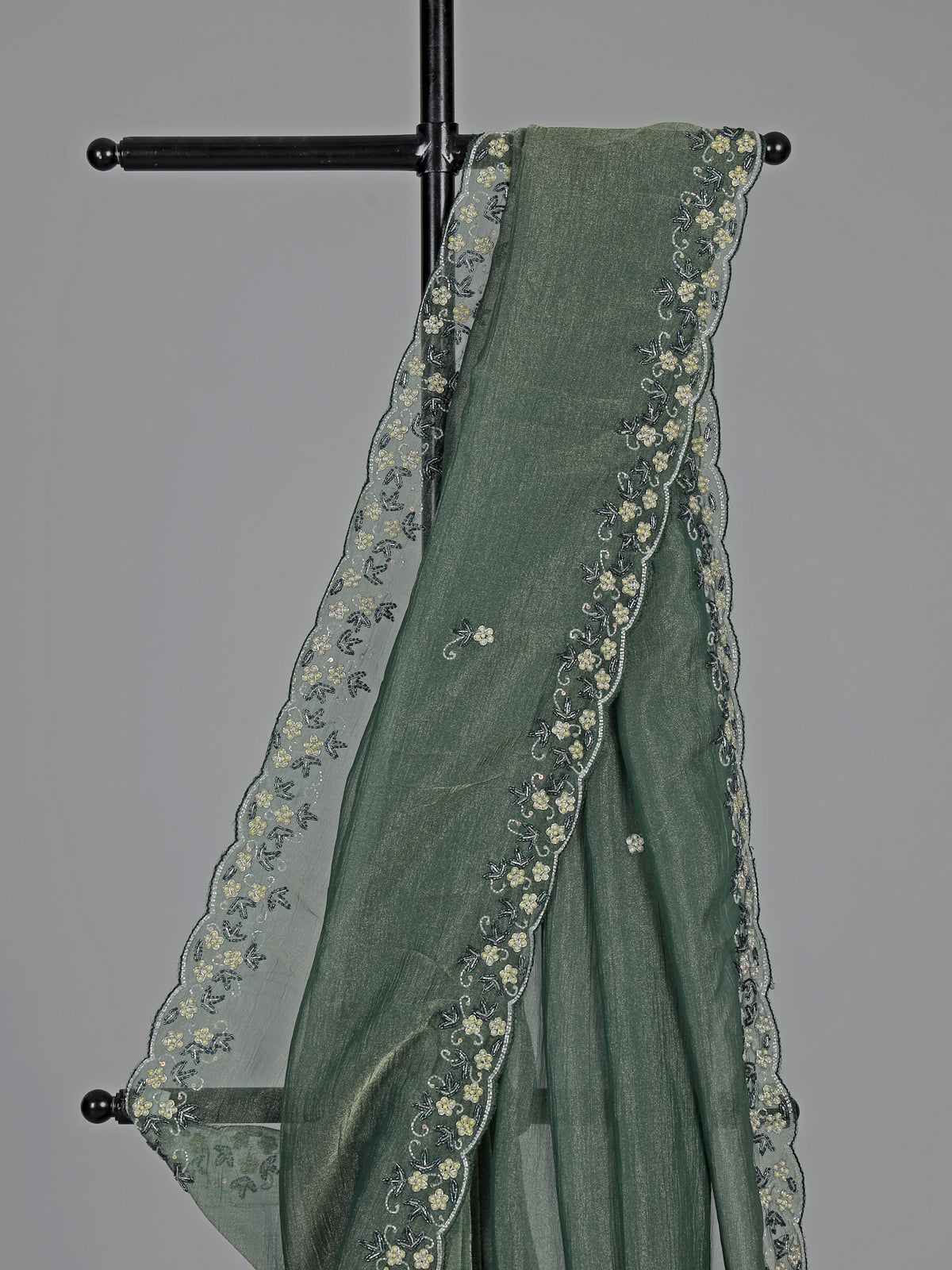Mehendi green chiffon zardosi embellished festive saree
