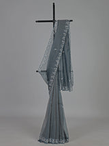 Grey chiffon zardosi work party wear saree elegance