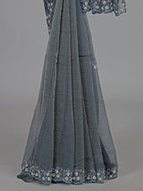 Grey chiffon zardosi work party wear saree elegance