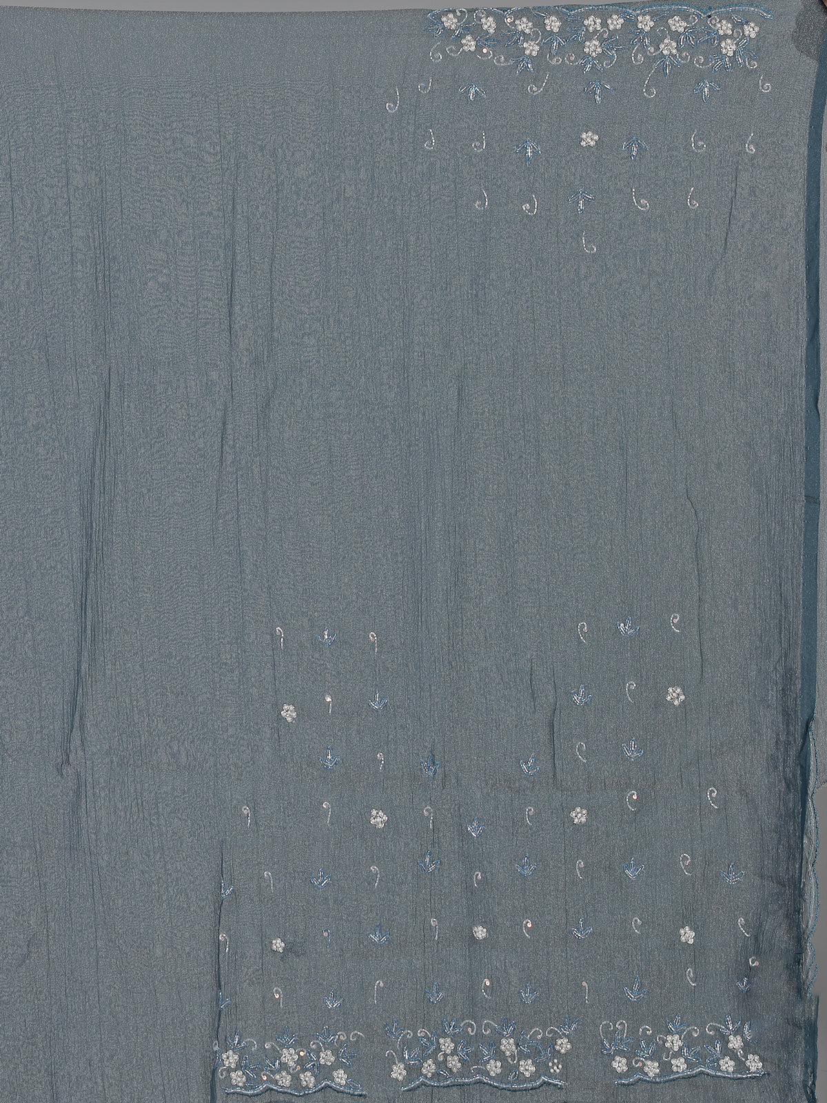 Grey chiffon zardosi work party wear saree elegance
