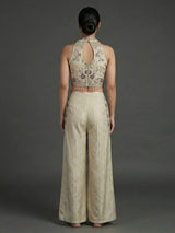 Cream cotton silk embellished halter neck palazzo suit