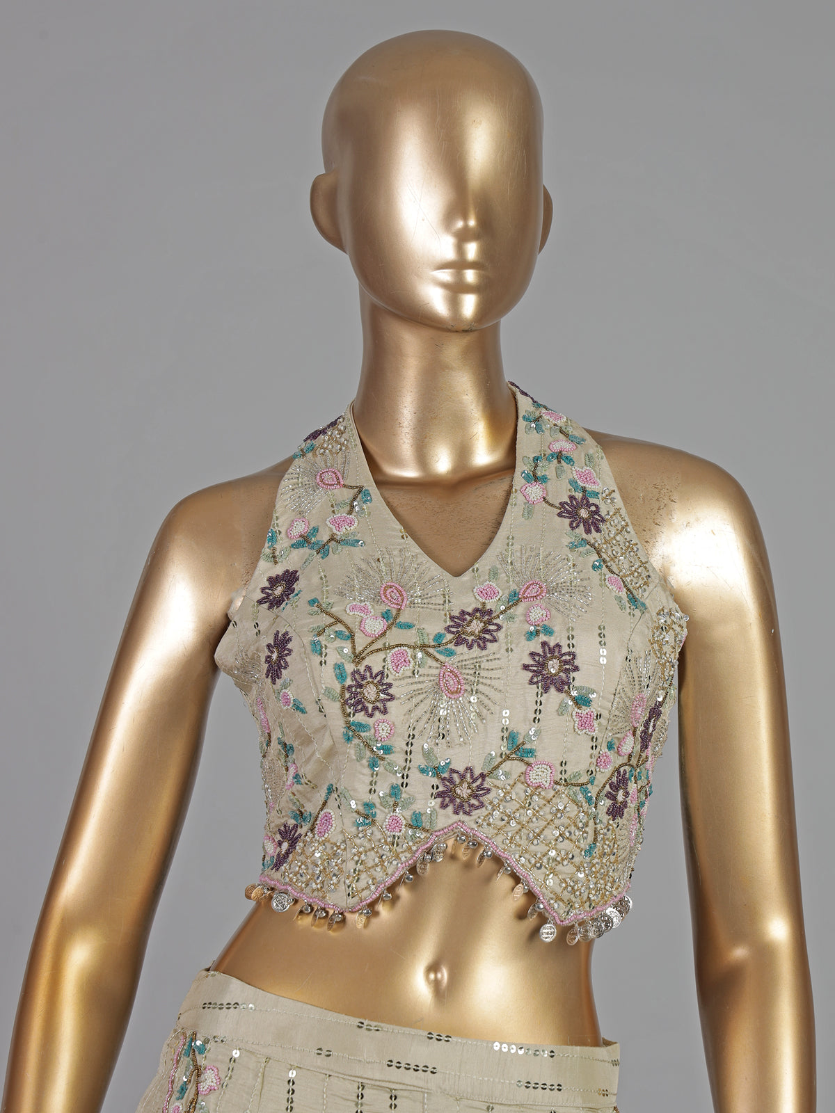 Cream cotton silk embellished halter neck palazzo suit