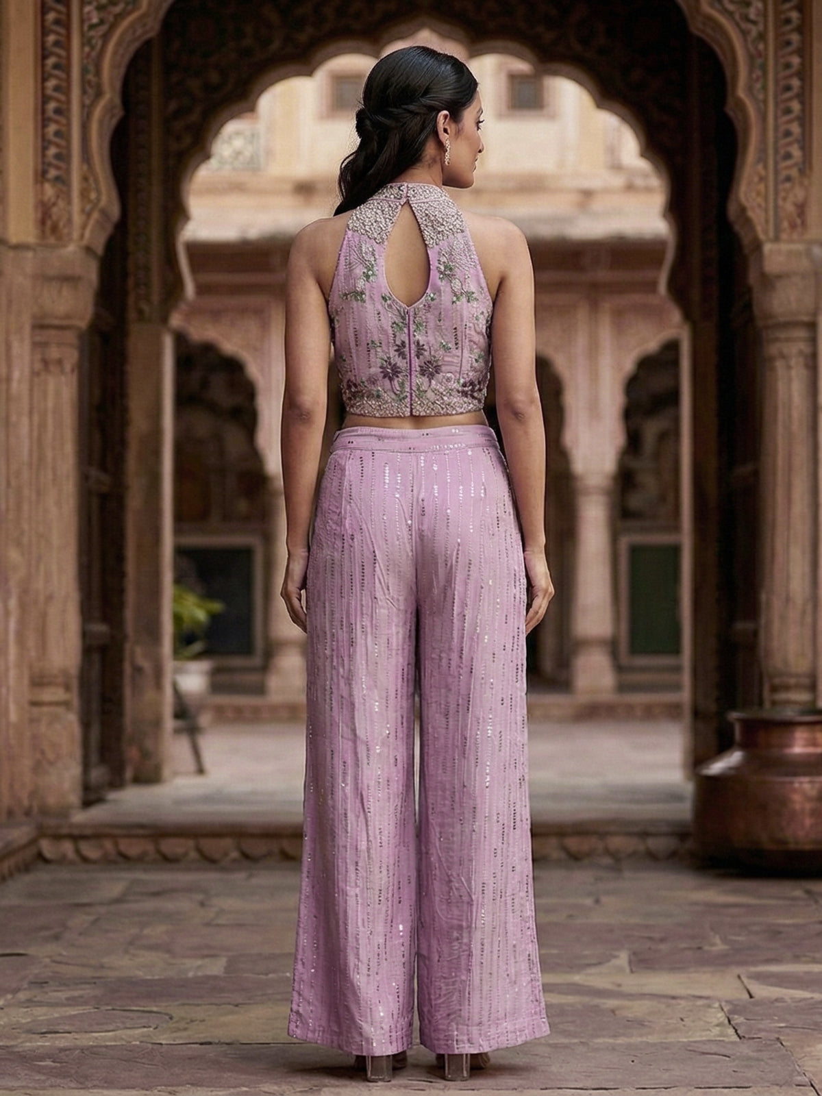 Lavender purple cotton silk designer palazzo suit
