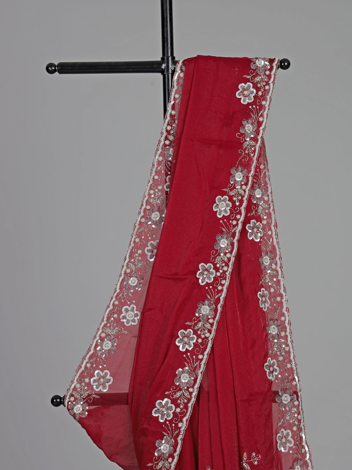 Red chiffon pearl embellished festive designer saree