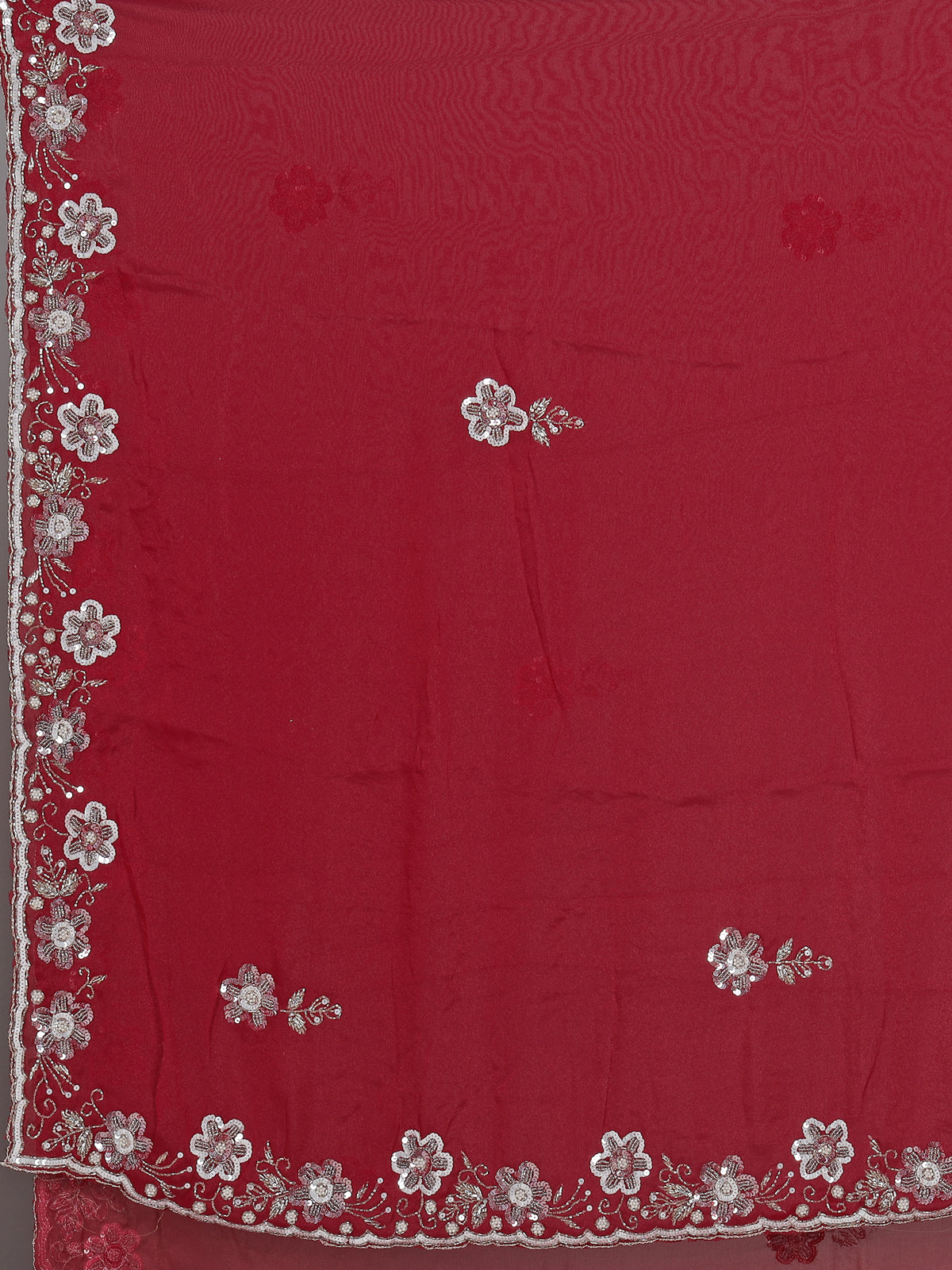 Red chiffon pearl embellished festive designer saree