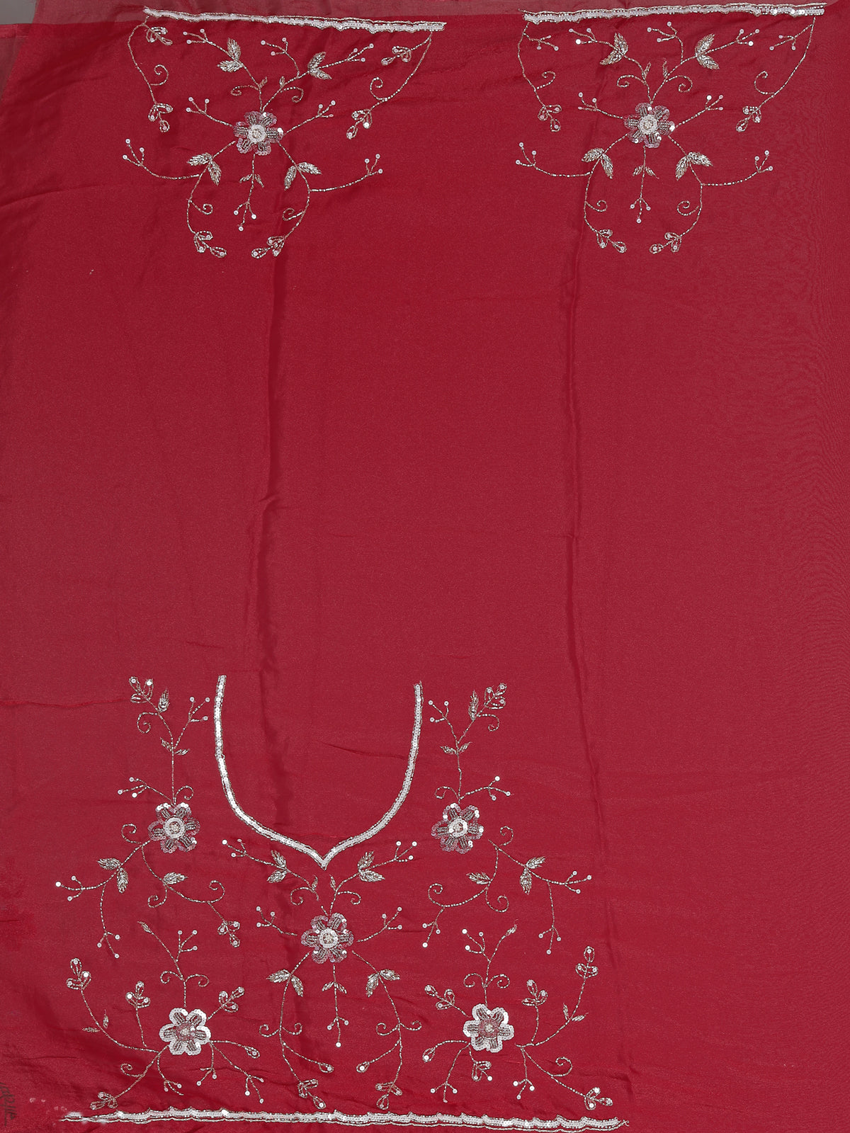 Red chiffon pearl embellished festive designer saree