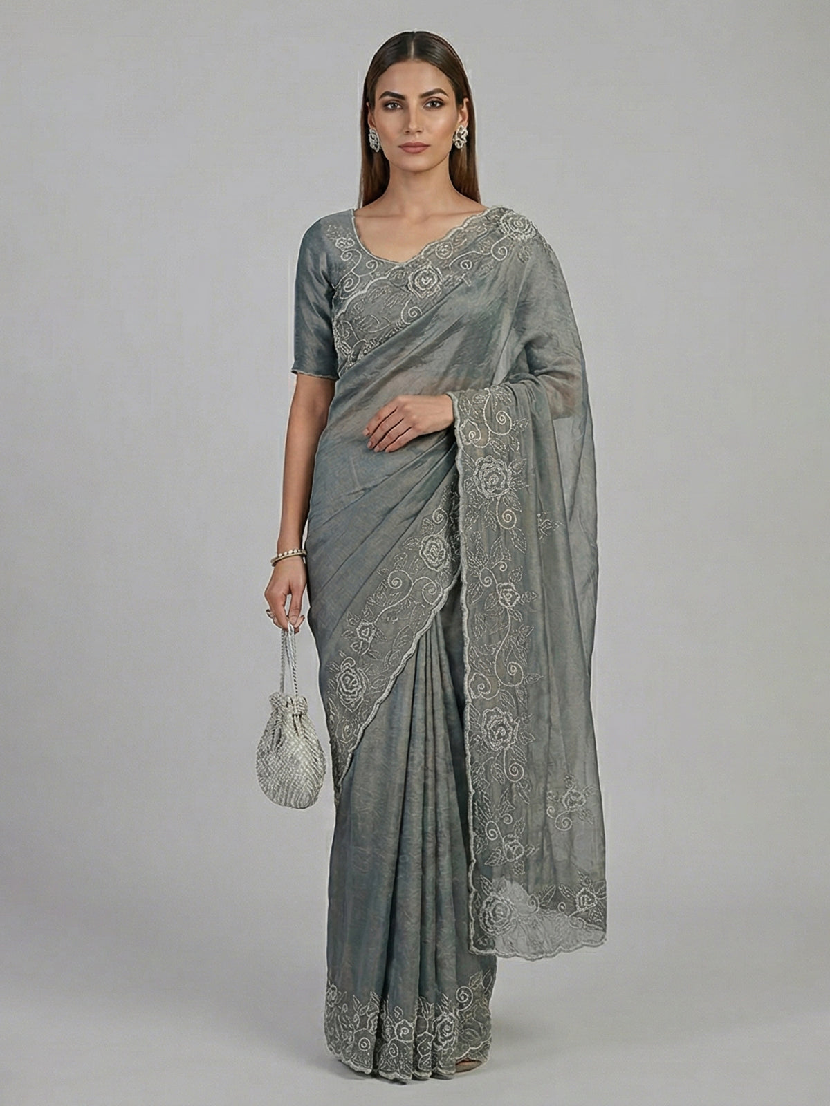 Dark grey tissue silk embellished party wear saree