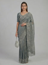 Dark grey tissue silk embellished party wear saree