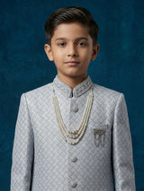 Grey silk embroidered texture festive boys indowestern