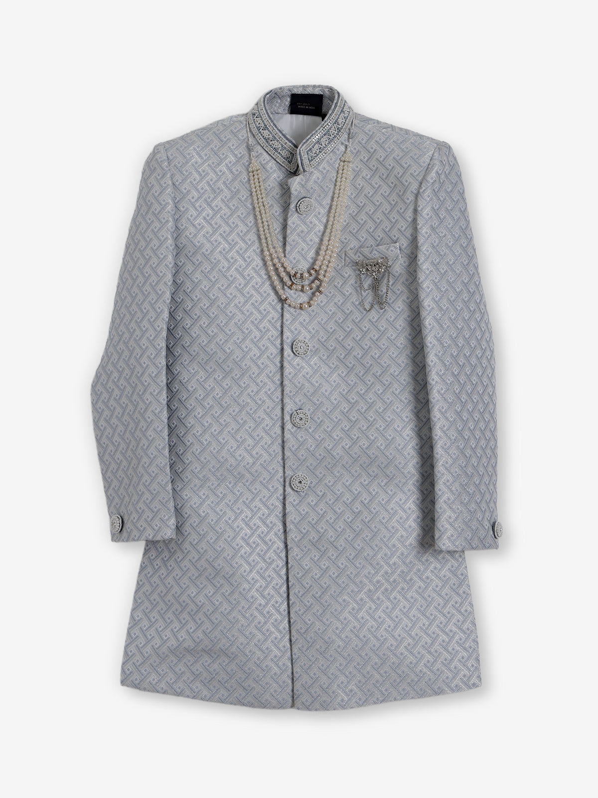 Grey silk embroidered texture festive boys indowestern