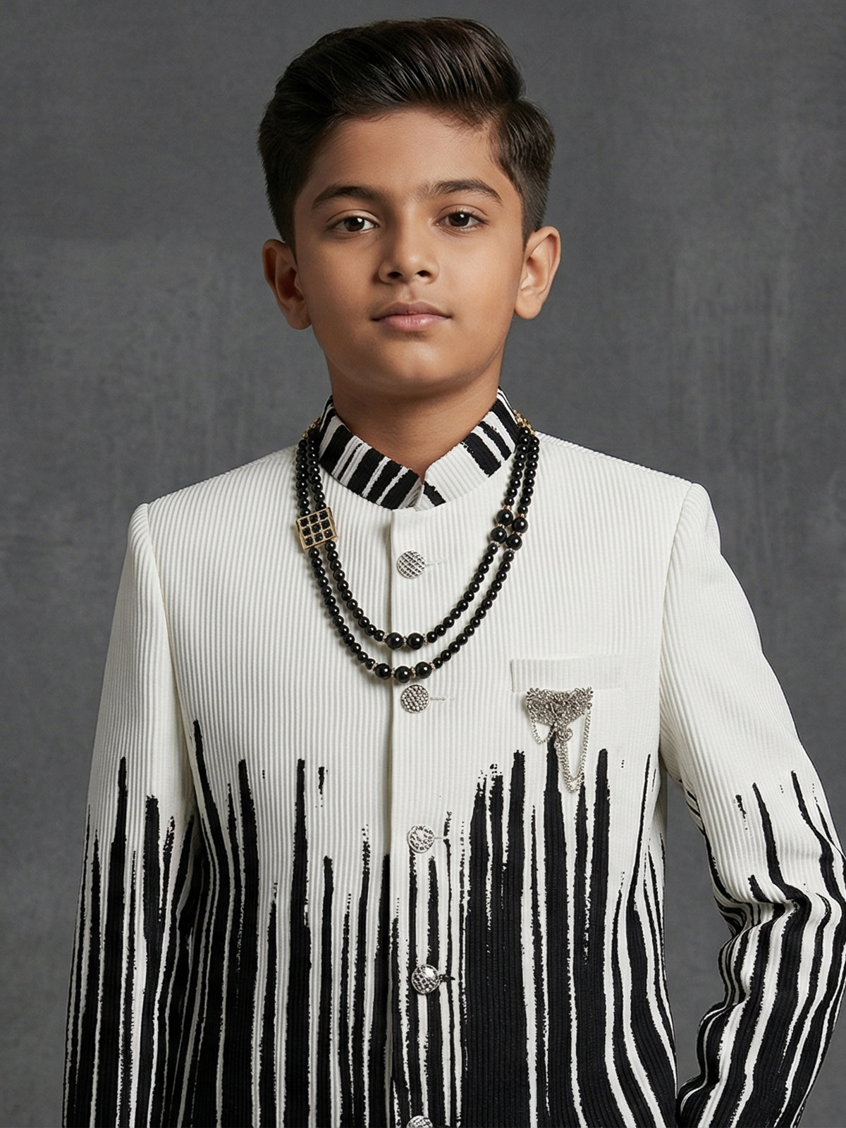 Black white printed brooch boys party wear indowestern