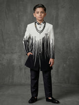 Black white printed brooch boys party wear indowestern