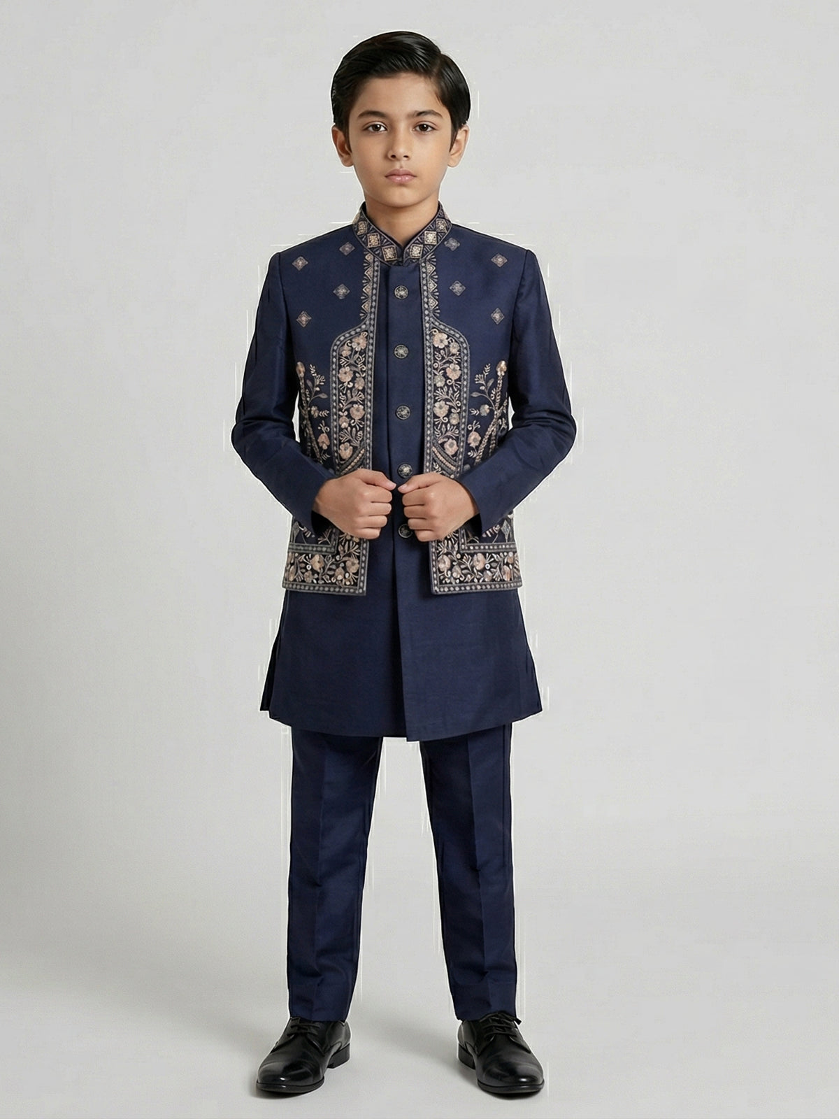 Navy blue silk embroidered festive wear indowestern