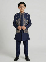 Navy blue silk embroidered festive wear indowestern