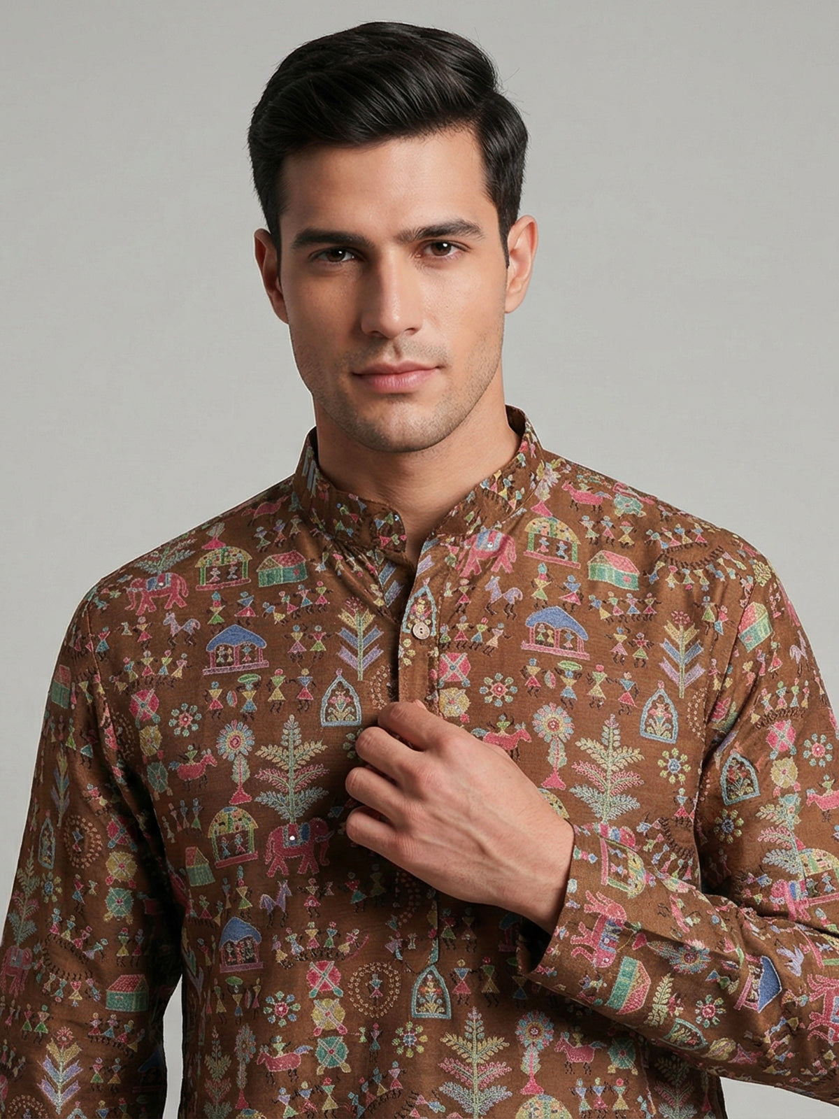 Brown silk printed thread sequins festive wear kurta