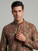 Brown silk printed thread sequins festive wear kurta
