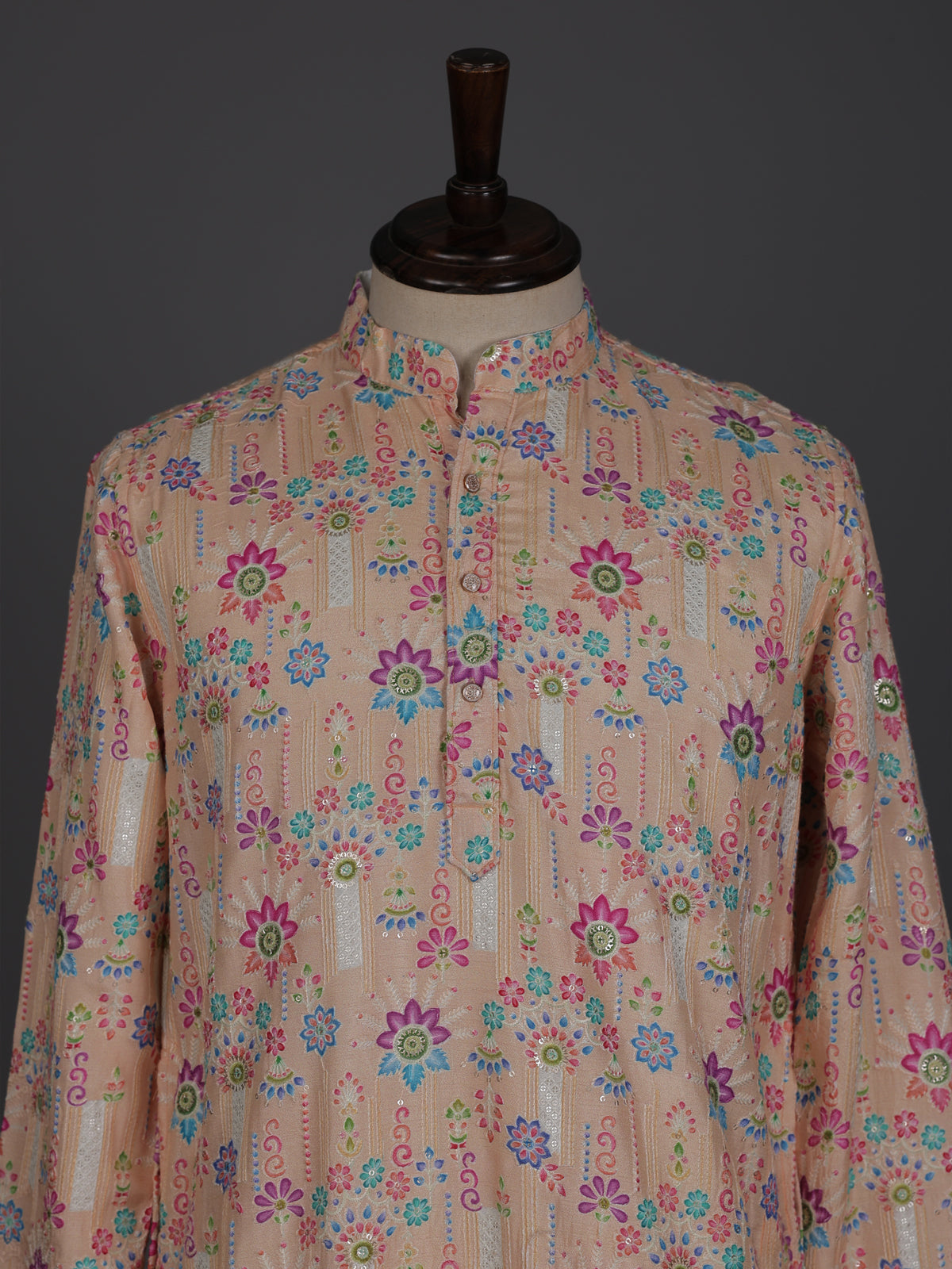 Light peach linen printed thread and sequins festive kurta
