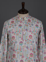 White linen printed thread sequins festive wear kurta