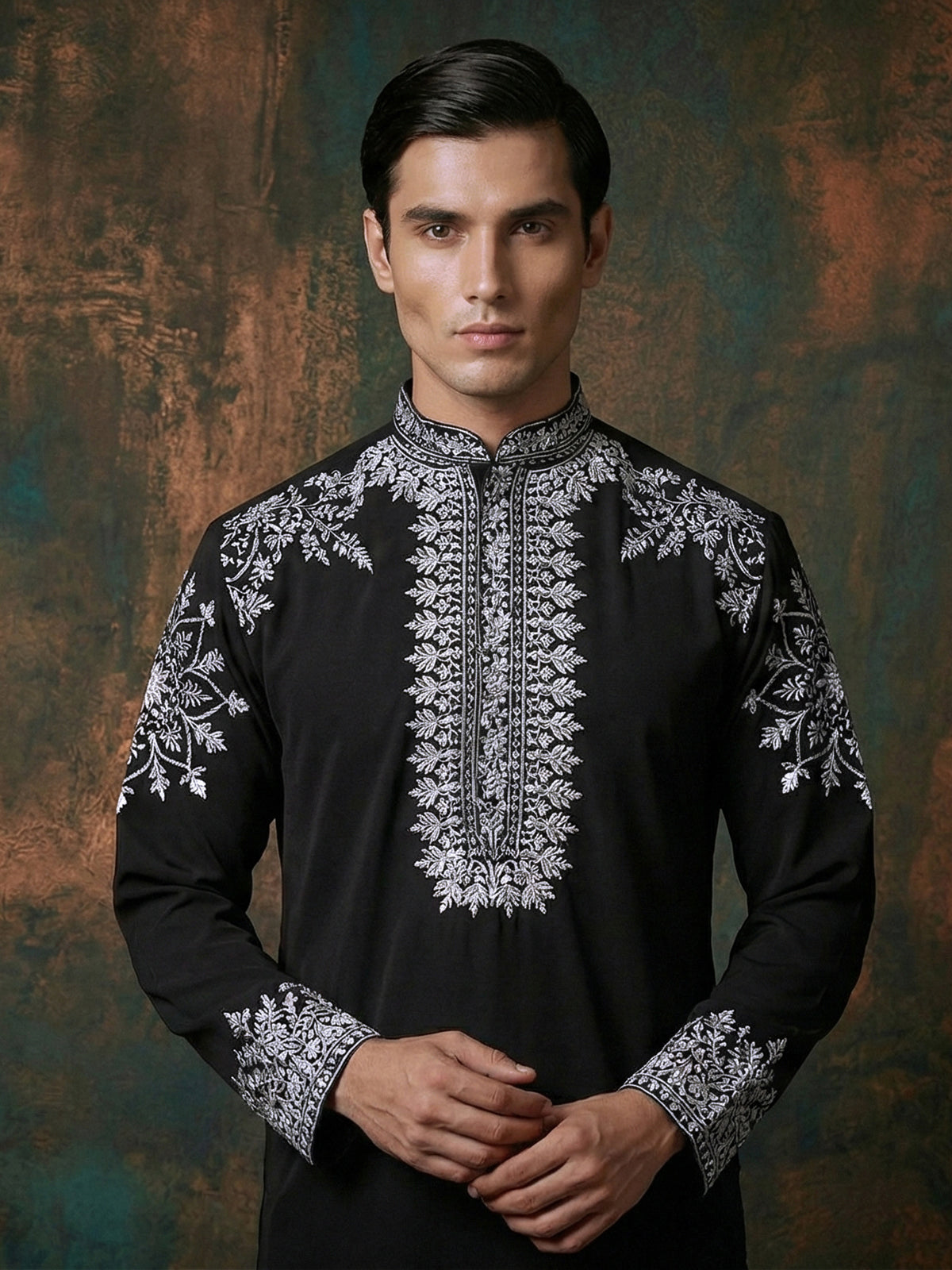 Black silk embroidered festive wear kurta