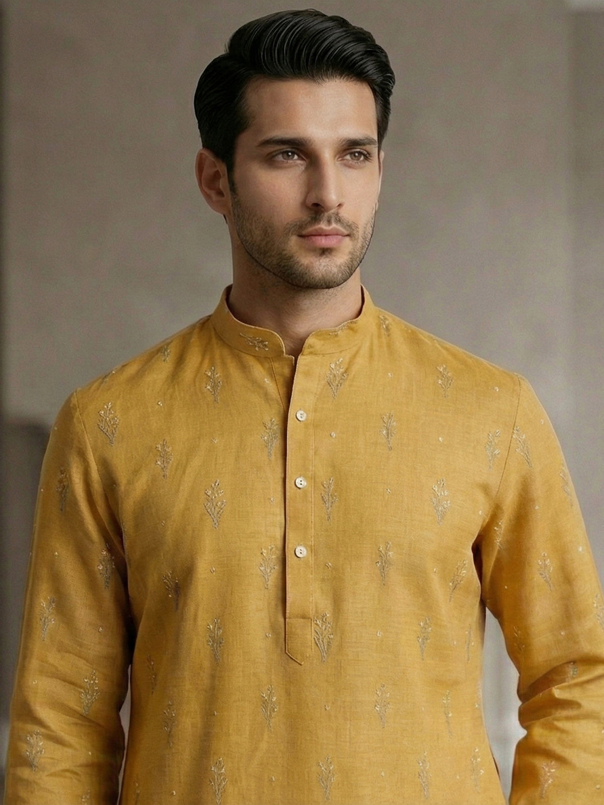 Mustard yellow cotton linen thread work festive kurta