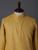 Mustard yellow cotton linen thread work festive kurta