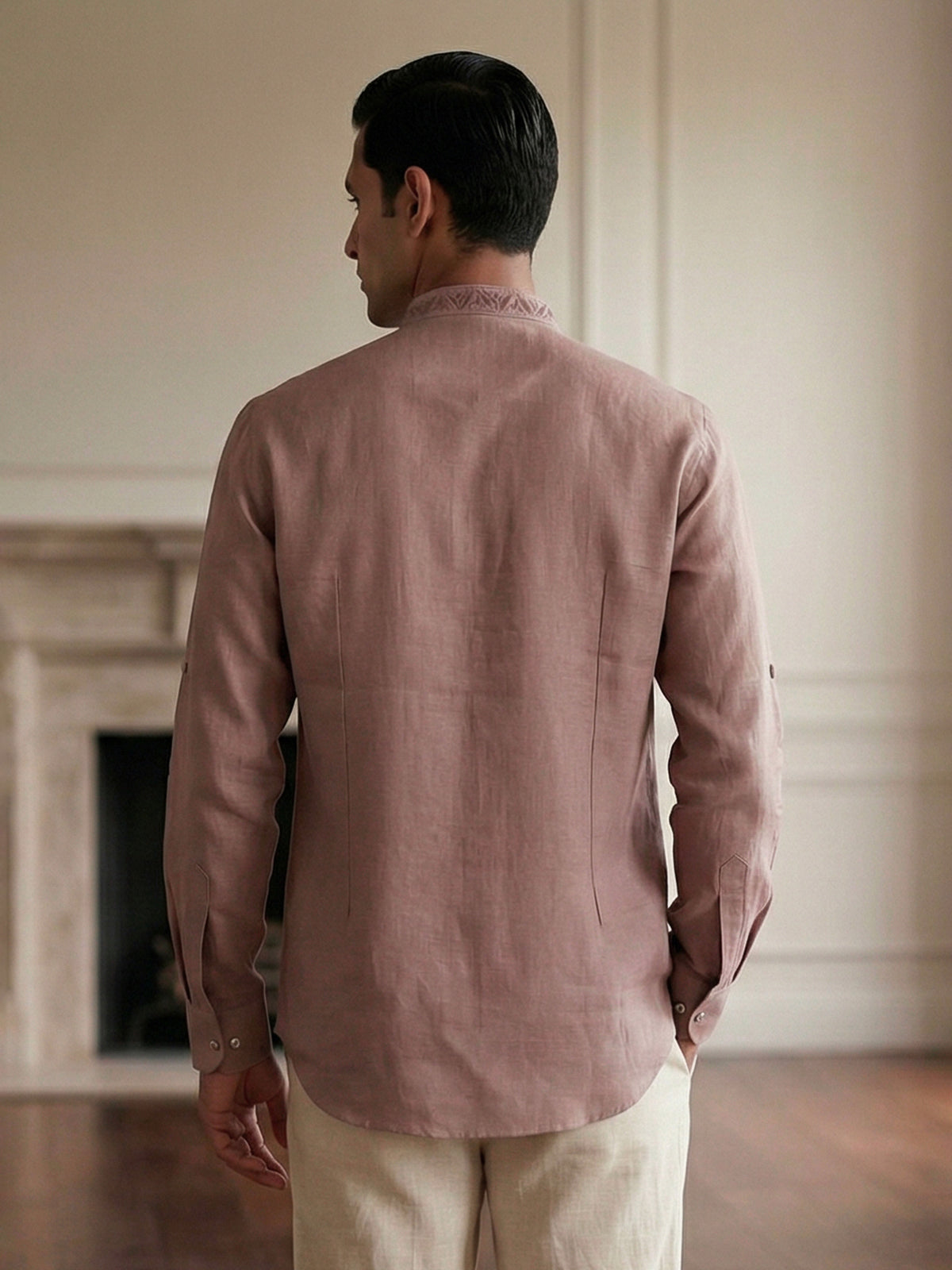 Onion pink linen embroidered short pathani festive kurta