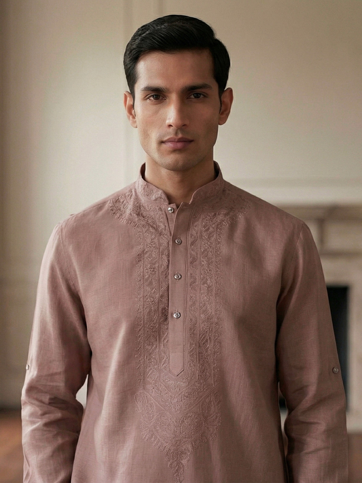 Onion pink linen embroidered short pathani festive kurta