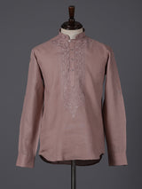 Onion pink linen embroidered short pathani festive kurta