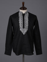 Black linen embroidered short pathani festive kurta