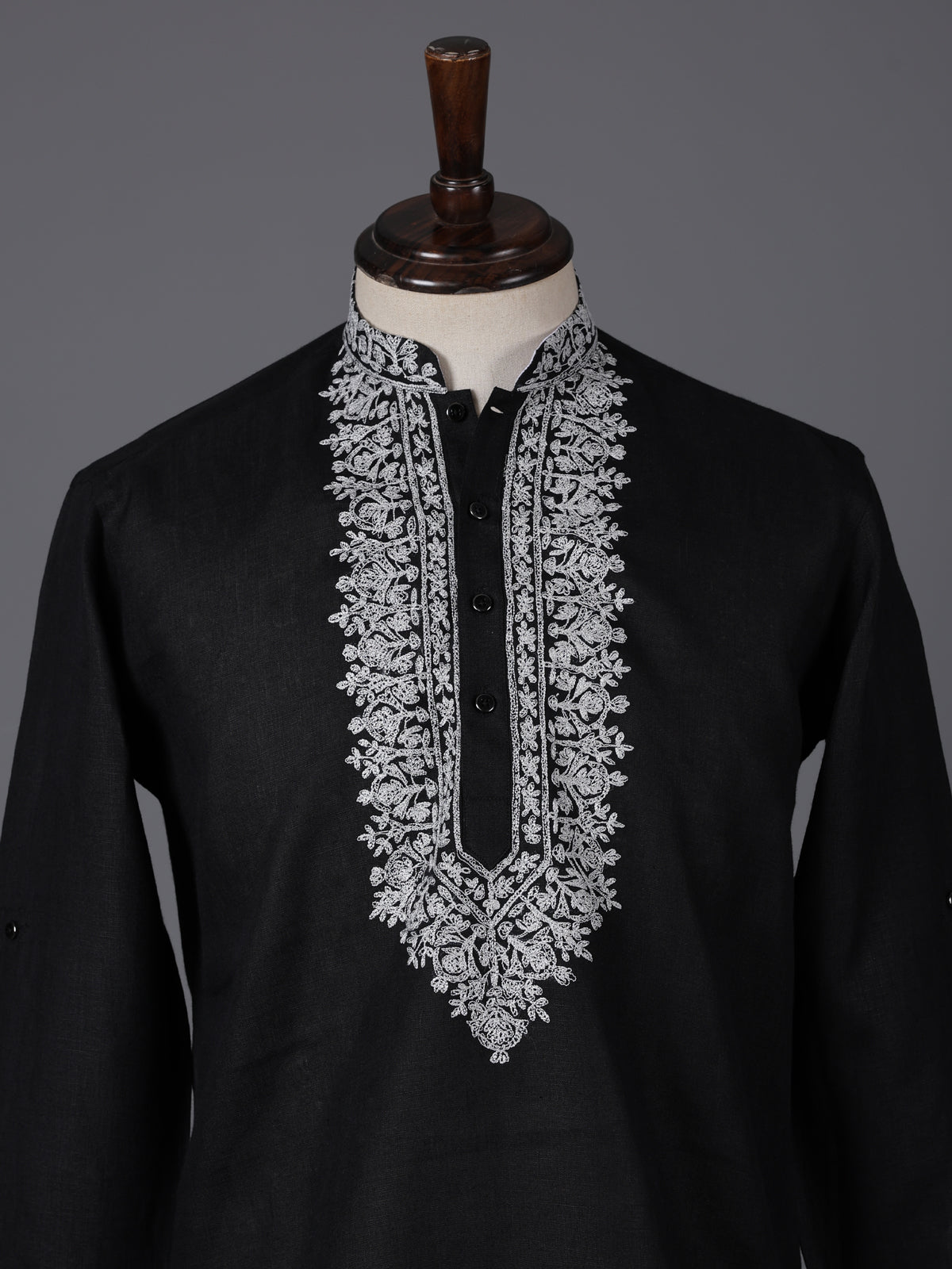 Black linen embroidered short pathani festive kurta