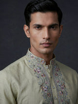 Beige linen embroidered short pathani festive kurta