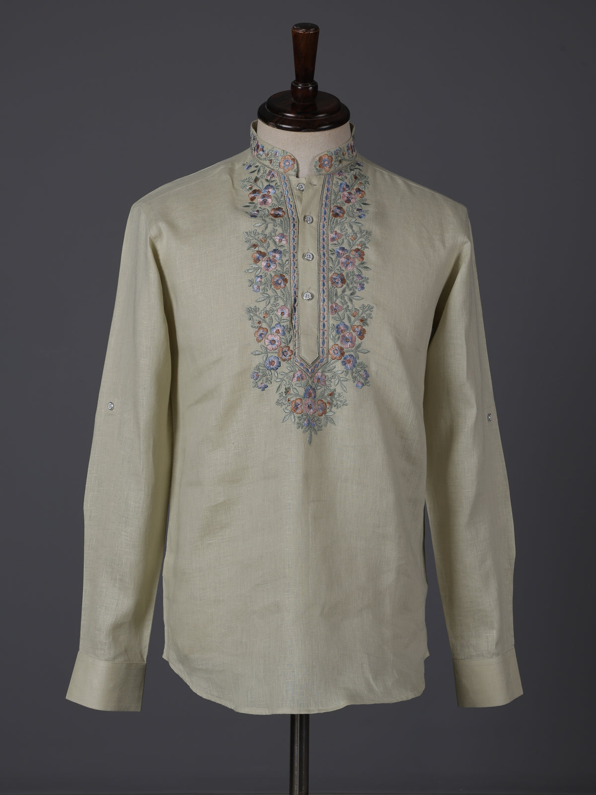 Beige linen embroidered short pathani festive kurta