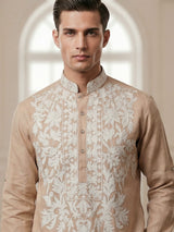 Beige linen thread work short pathani festive kurta