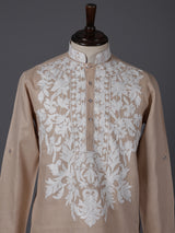Beige linen thread work short pathani festive kurta