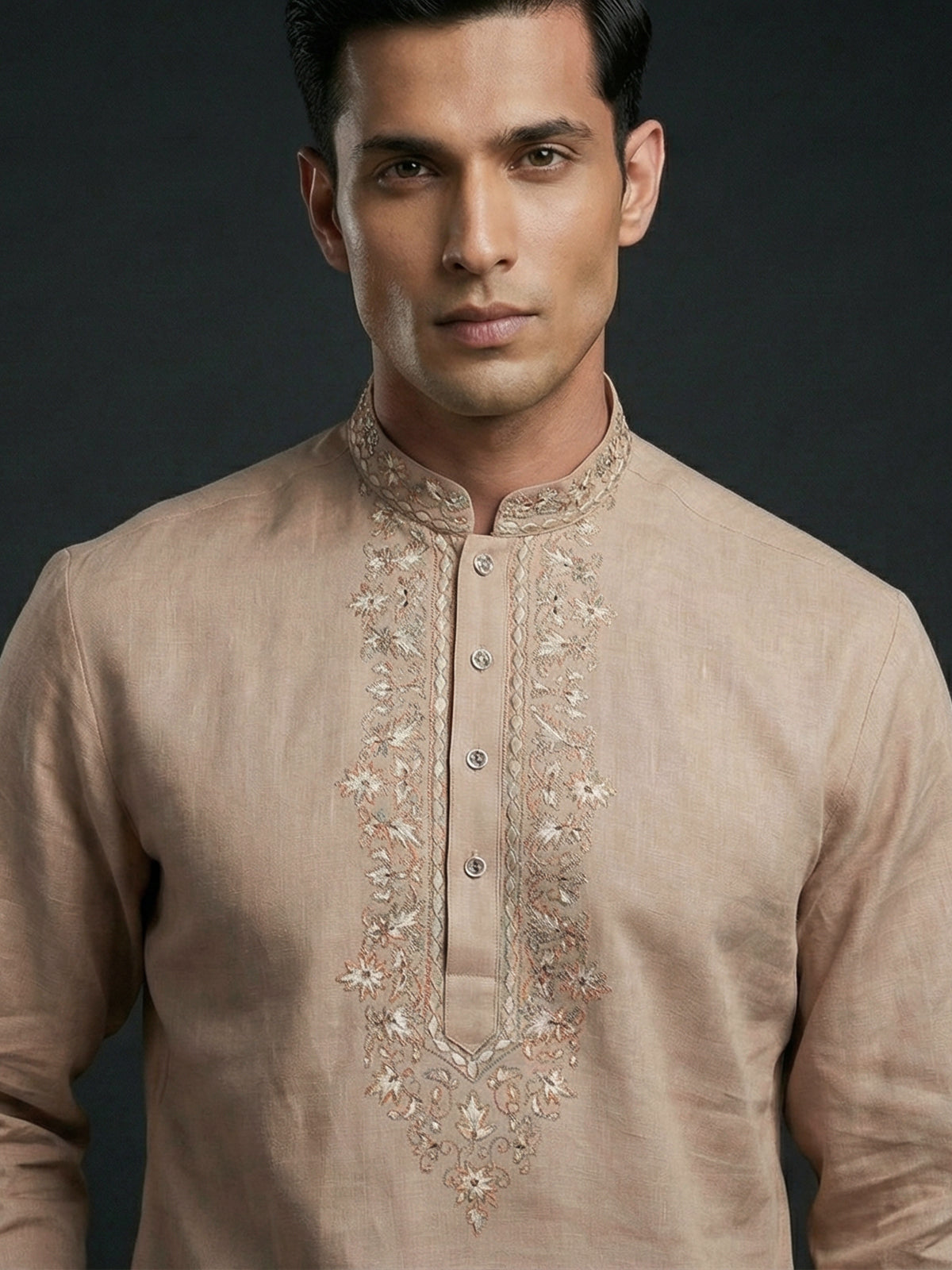 Peach linen embroidered short pathani festive kurta