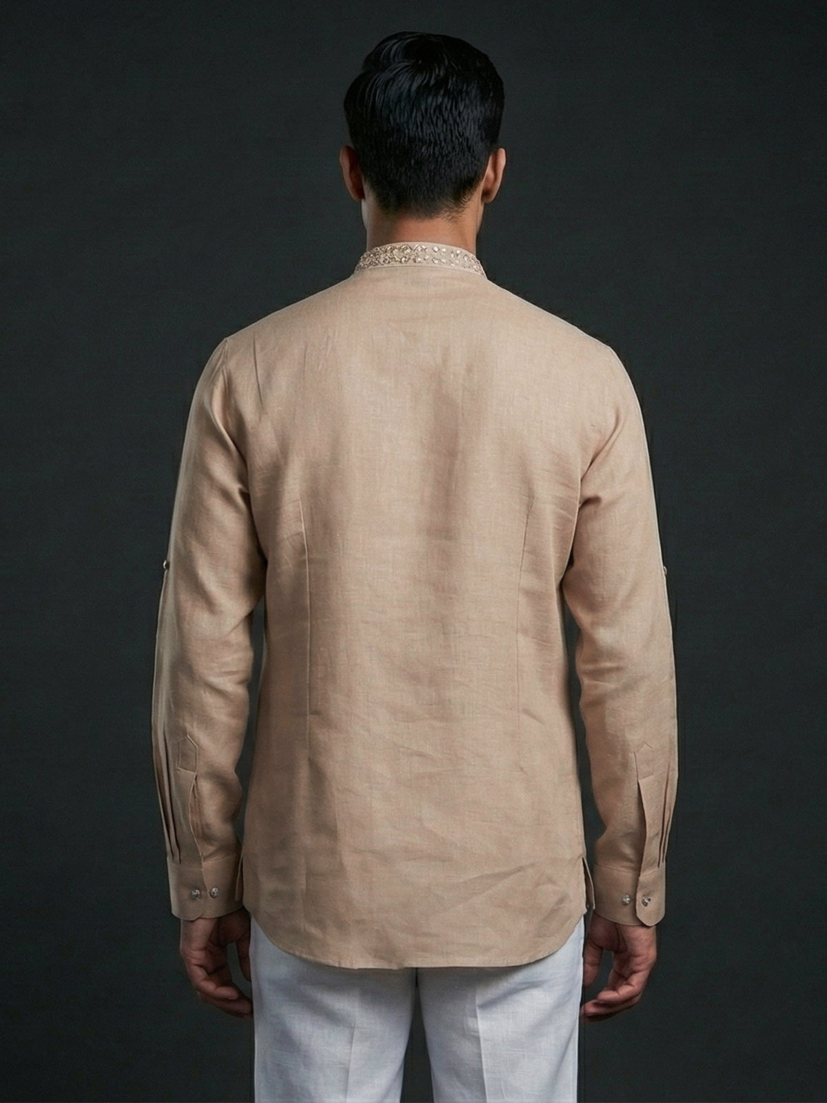 Peach linen embroidered short pathani festive kurta