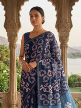 Blue printed chanderi saree