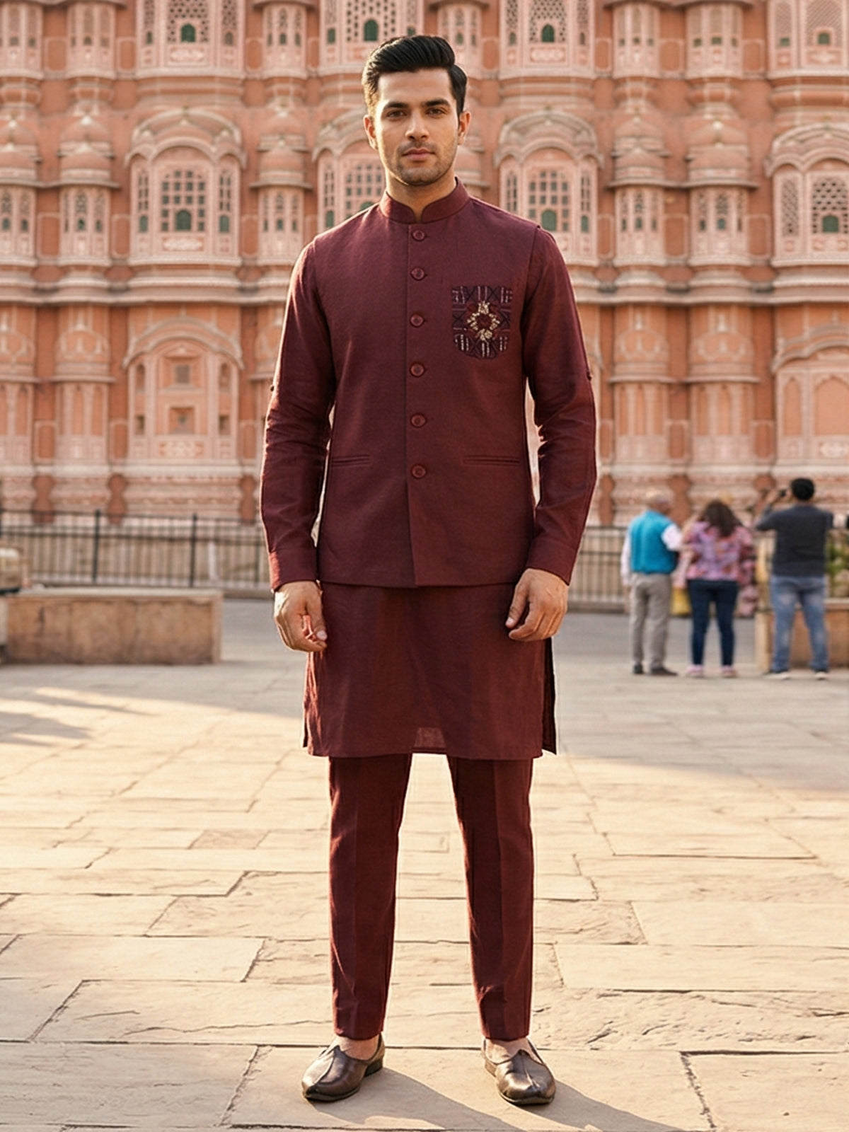 Wine cotton blend embellished festive waistcoat set