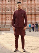 Wine cotton blend embellished festive waistcoat set