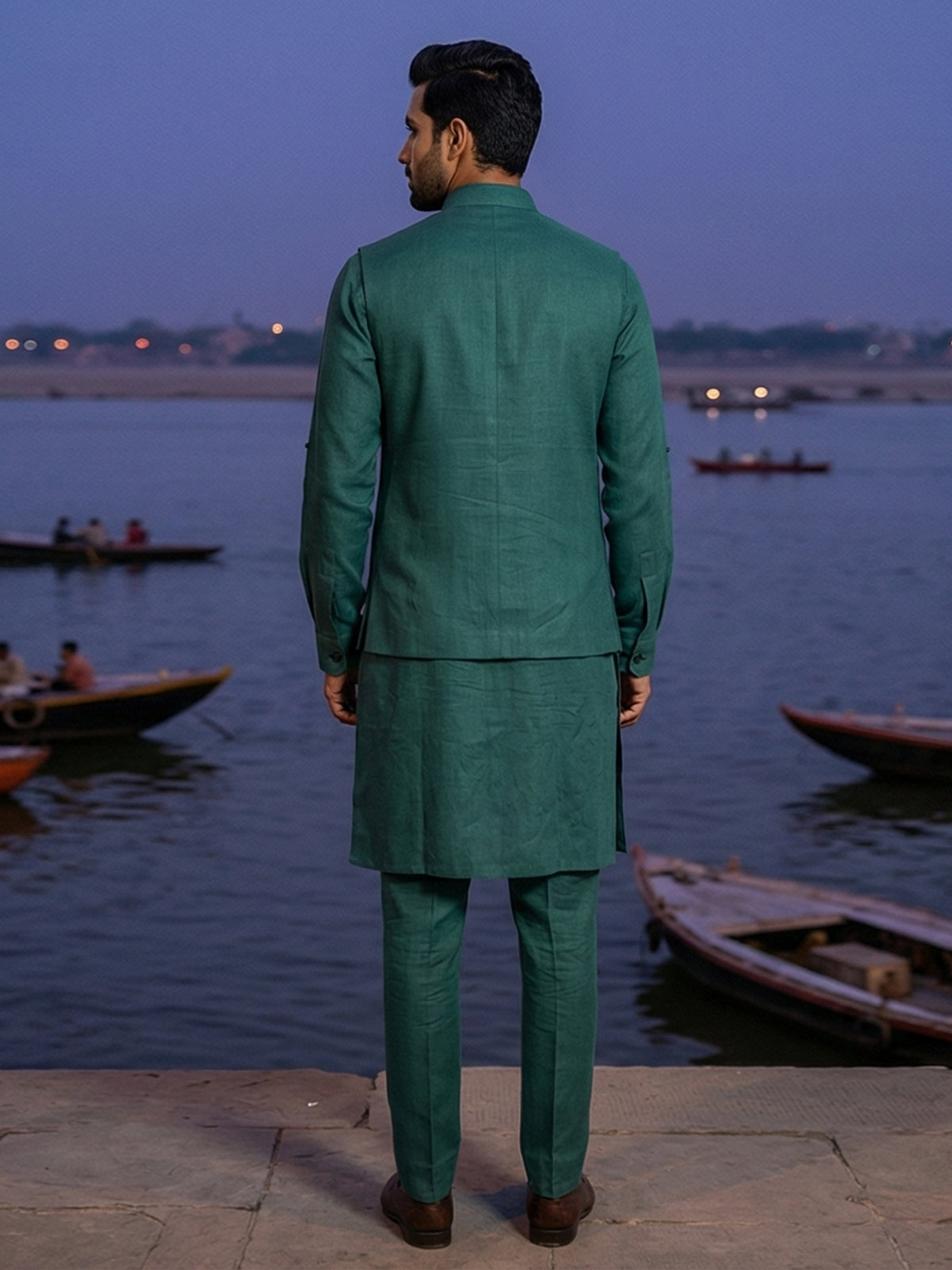 Green cotton blend embellished festive waistcoat set