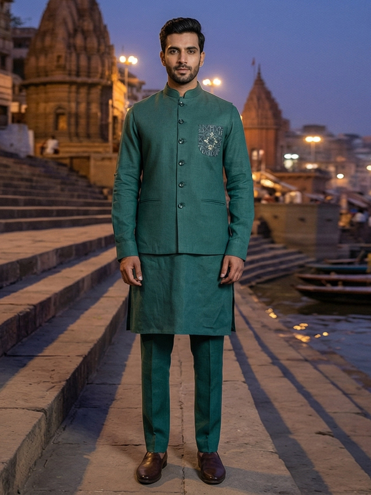 Green cotton blend embellished festive waistcoat set
